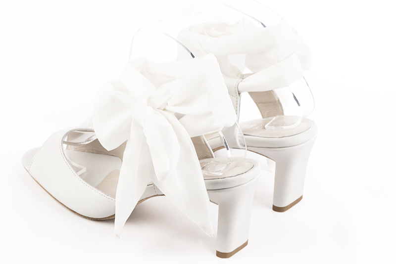 Off white women's open back sandals, with a scarf around the ankle. Square toe. Medium comma heels. Rear view - Florence KOOIJMAN